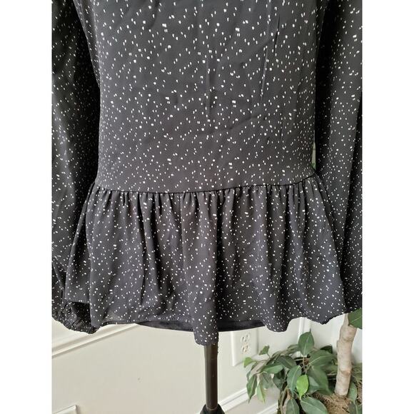LOFT Blouse Top Womens PM Black Polka Dot Balloon Sleeve Ruffle Hem Pullover - Picture 8 of 10